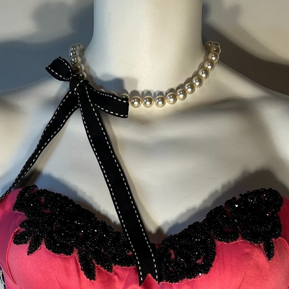 Pearl necklace Black ribbon 46" long Formal Chic Timeless Country Club Coquette